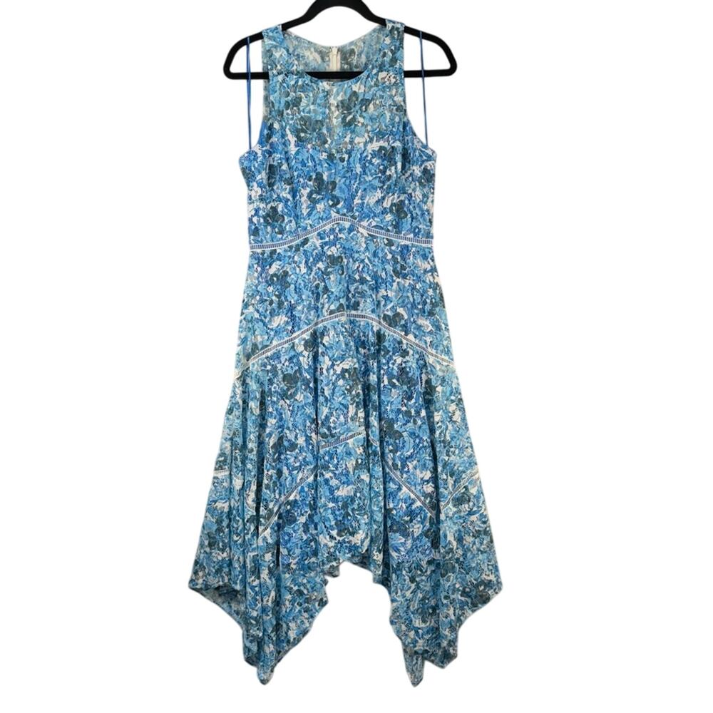 Taylor Forget Me Not Asymmetrical Blue Floral Lace Midi Dress Women’s Size 8